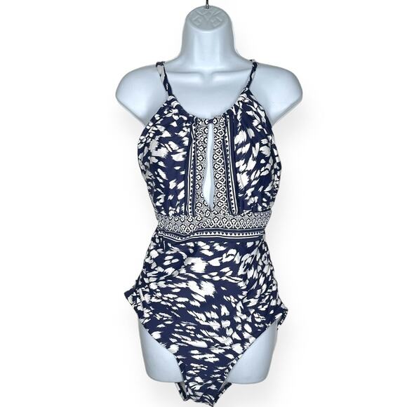 LA BLANCA Changing Tides Mio Swimsuit One Piece High Neck Keyhole Navy Blue 16 - Picture 3 of 13